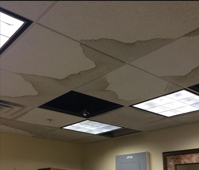 Ceiling tiles that have water staining in an office